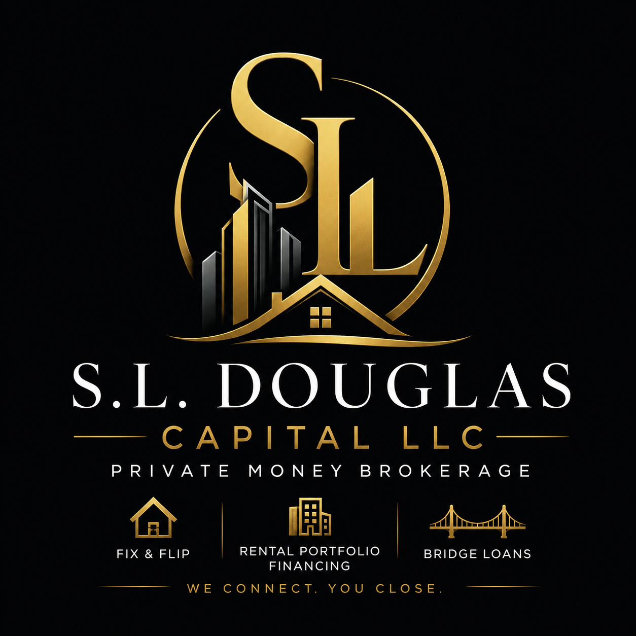 S.L. Douglas Capital black, gold, white, and silver brand artwork